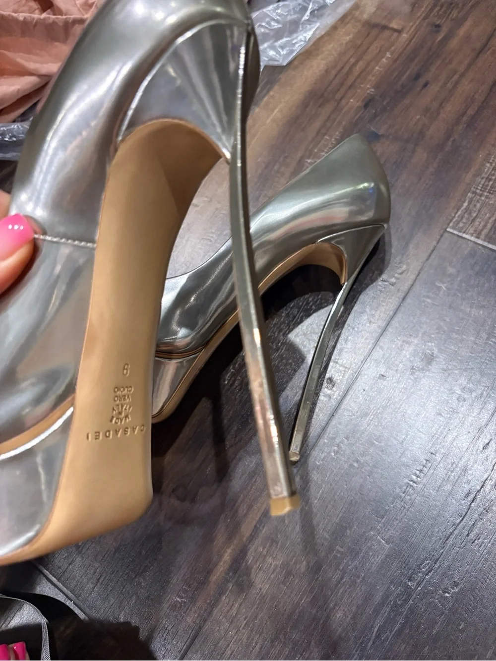 CASADEI- Metallic Silver High Heel Peep-Toe Platform Pumps